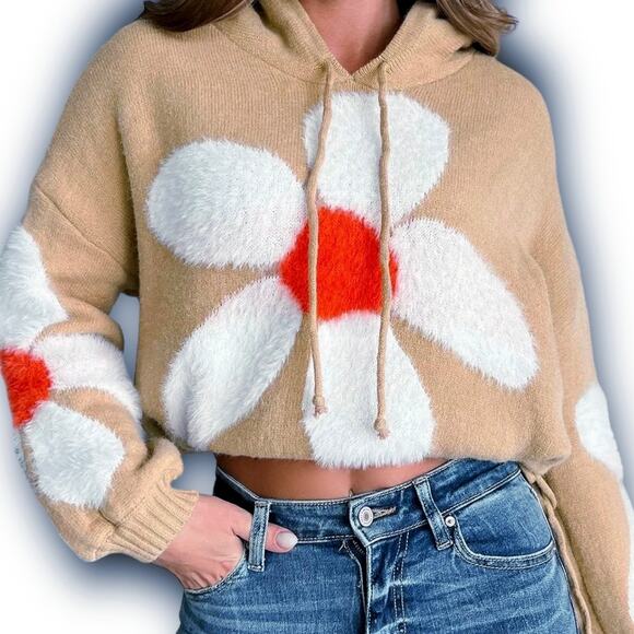 POL Daisy Fuzzy Hooded Oversized Sweater Tan White Floral Unique Pullover Small - Picture 15 of 15